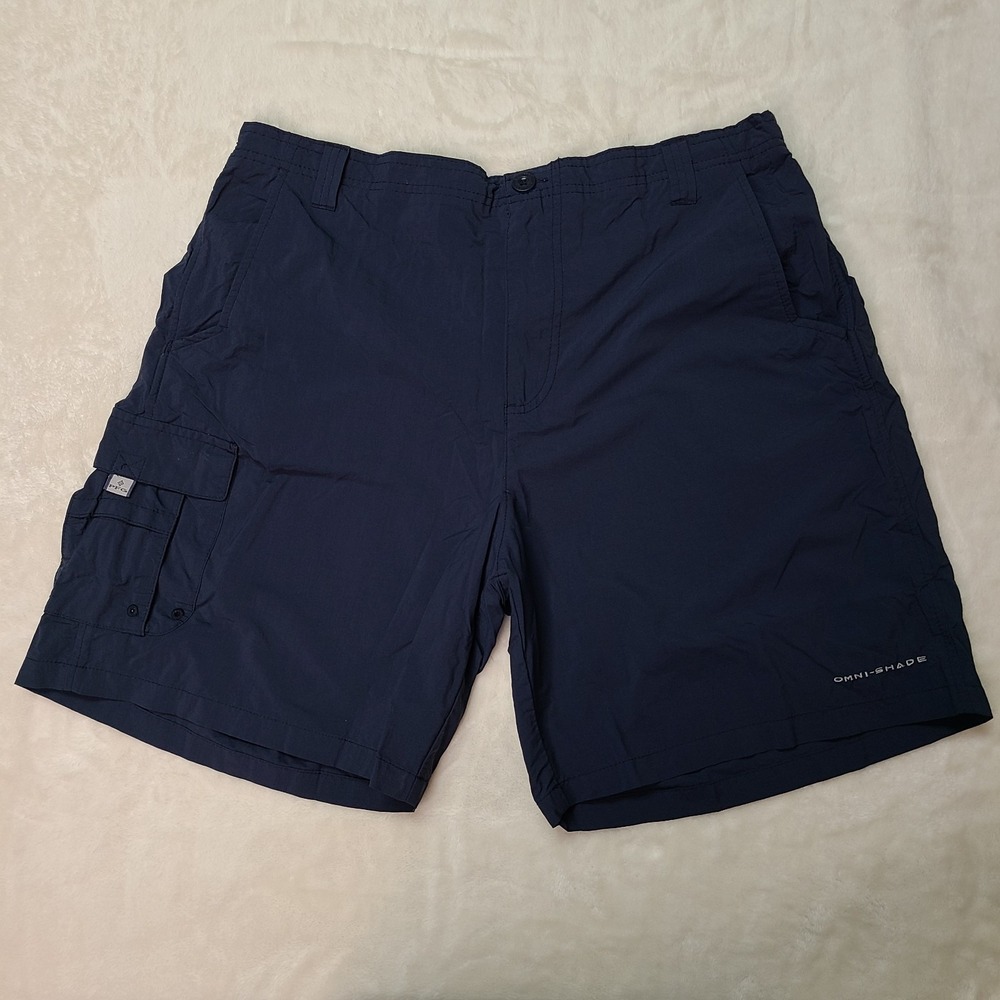 Columbia Omni-Shade PFG Bahama Cargo Short Mens L Navy Blue UPF 50 8" Inseam